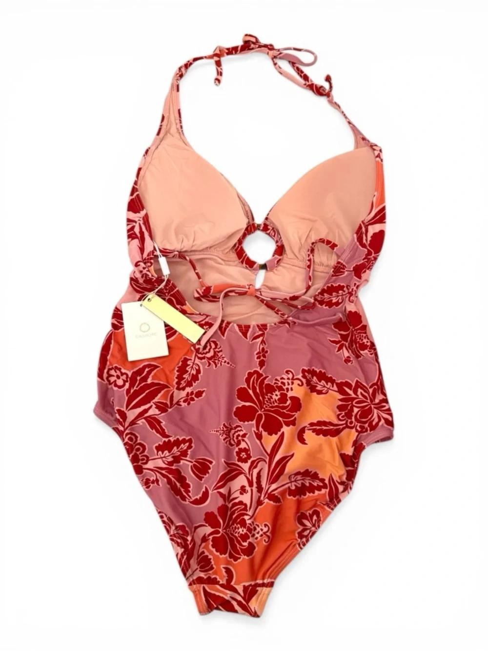 NWT Onshore La Perouse Floral Halter One Piece Swimsuit Ring Detail Pink Size 12